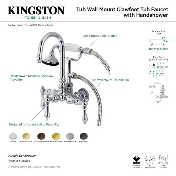 Kingston Heirloom AE7T2 - Aqua Vintage Three-Handle 2-Hole Tub Wall Mount Clawfoot Tub Faucet with Hand Shower, Polished Brass