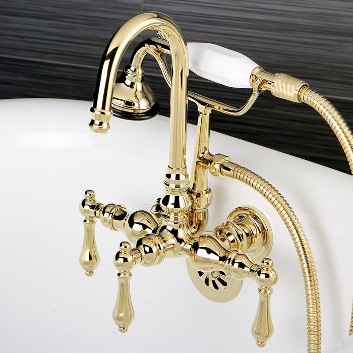 Kingston Heirloom AE7T2 - Aqua Vintage Three-Handle 2-Hole Tub Wall Mount Clawfoot Tub Faucet with Hand Shower, Polished Brass