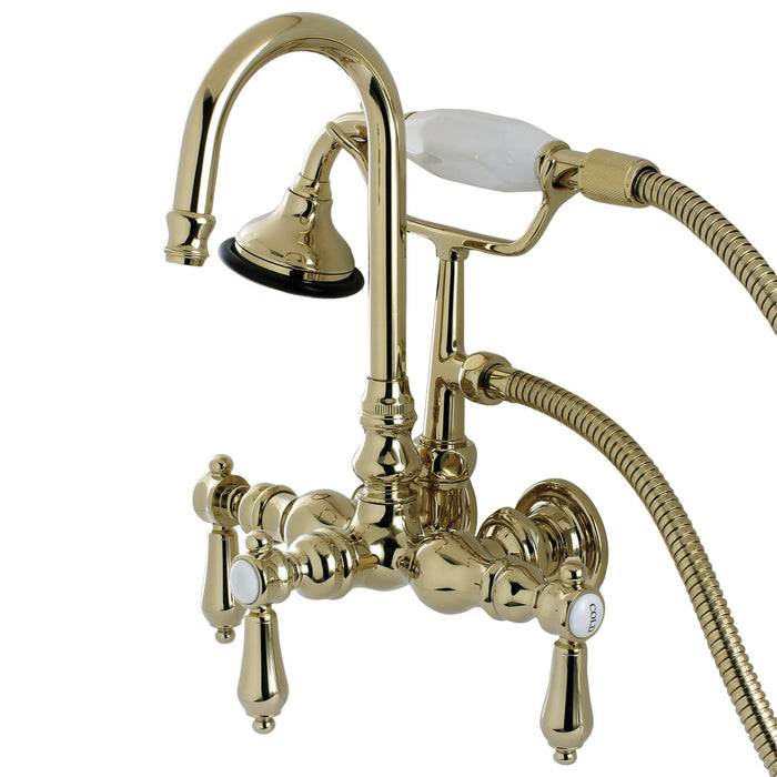 Kingston Heirloom AE7T2BAL - Heirloom Three-Handle 2-Hole Tub Wall Mount Clawfoot Tub Faucet with Hand Shower, Polished Brass