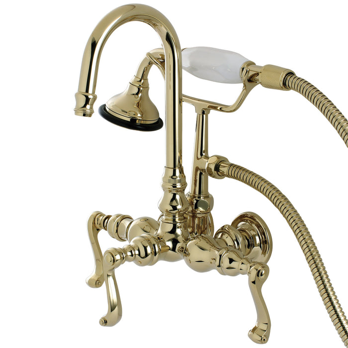 Kingston Tulare AE7T2FL - Royale Three-Handle 2-Hole Tub Wall Mount Clawfoot Tub Faucet with Hand Shower, Polished Brass