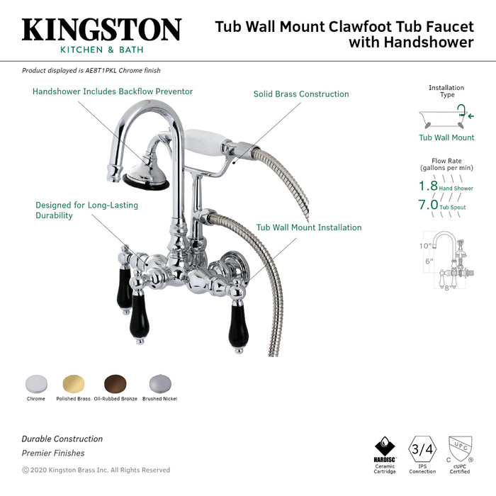 Kingston Heirloom AE7T2PKL - Duchess Three-Handle 2-Hole Tub Wall Mount Clawfoot Tub Faucet with Hand Shower, Polished Brass