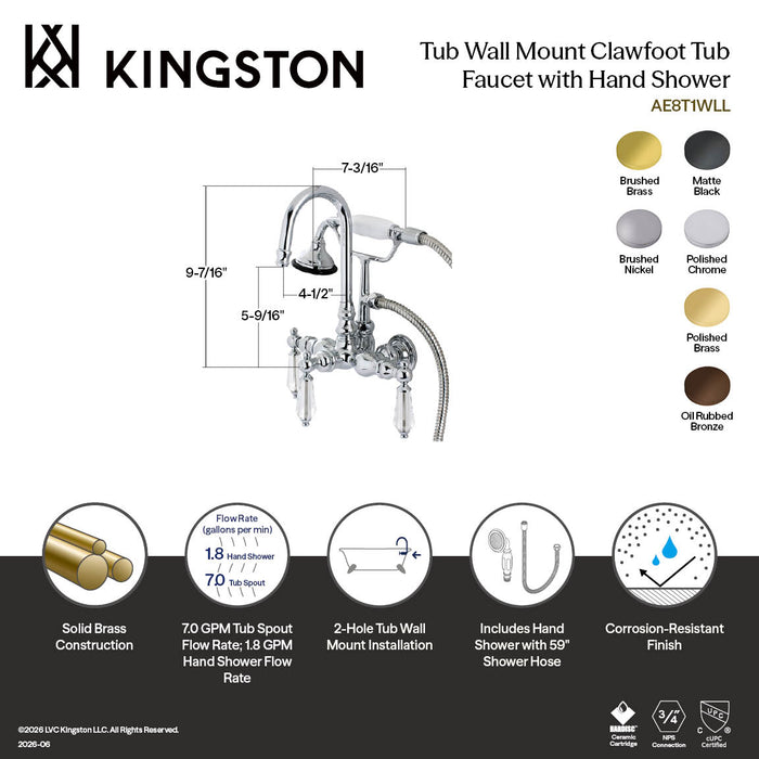 Kingston Heirloom AE7T2WLL - Wilshire Three-Handle 2-Hole Tub Wall Mount Clawfoot Tub Faucet with Hand Shower, Polished Brass