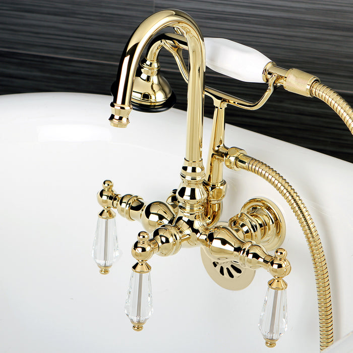 Kingston Heirloom AE7T2WLL - Wilshire Three-Handle 2-Hole Tub Wall Mount Clawfoot Tub Faucet with Hand Shower, Polished Brass
