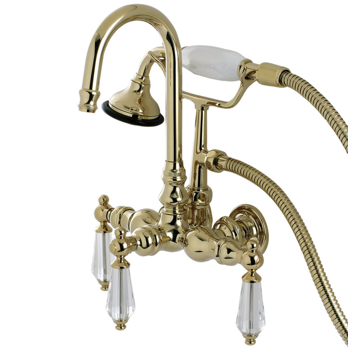 Kingston Heirloom AE7T2WLL - Wilshire Three-Handle 2-Hole Tub Wall Mount Clawfoot Tub Faucet with Hand Shower, Polished Brass