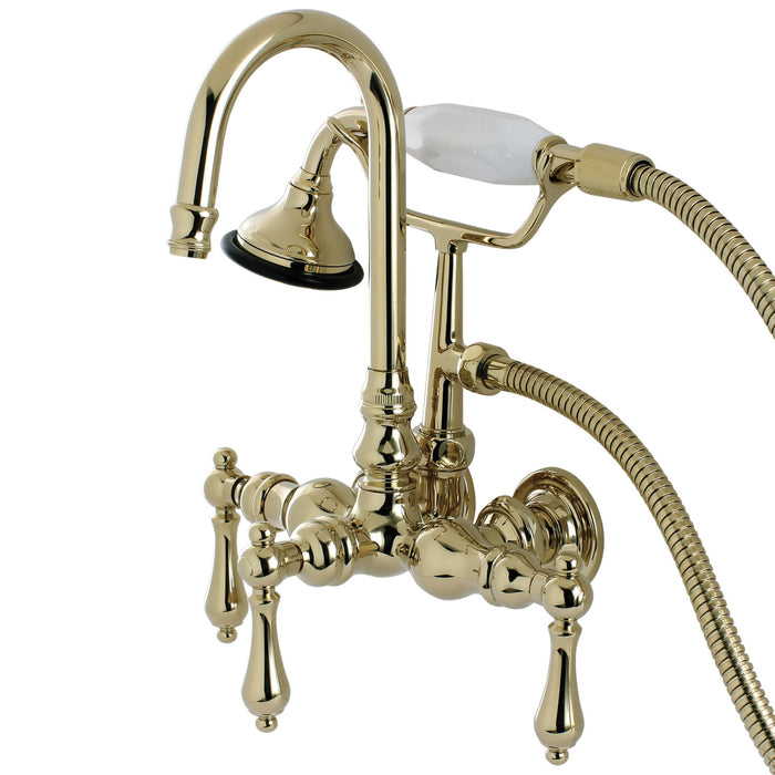 Kingston Heirloom AE7T2 - Aqua Vintage Three-Handle 2-Hole Tub Wall Mount Clawfoot Tub Faucet with Hand Shower, Polished Brass