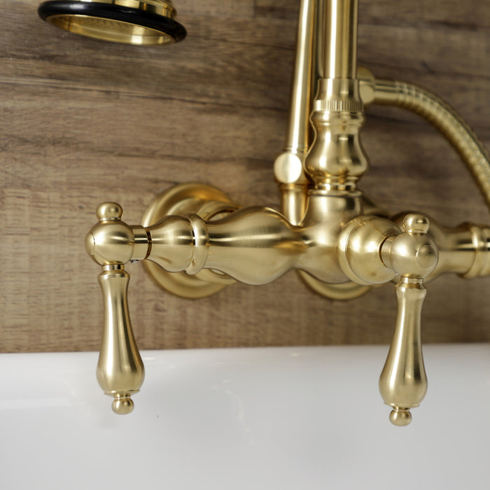 Kingston Heirloom AE7T7 - Aqua Vintage Three-Handle 2-Hole Tub Wall Mount Clawfoot Tub Faucet with Hand Shower, Brushed Brass