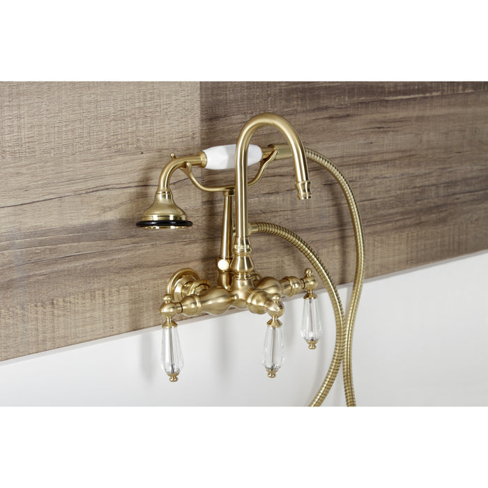 Kingston Heirloom AE7T7WLL - Wilshire Three-Handle 2-Hole Tub Wall Mount Clawfoot Tub Faucet with Hand Shower, Brushed Brass