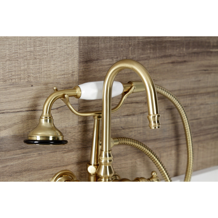 Kingston Heirloom AE7T7WLL - Wilshire Three-Handle 2-Hole Tub Wall Mount Clawfoot Tub Faucet with Hand Shower, Brushed Brass