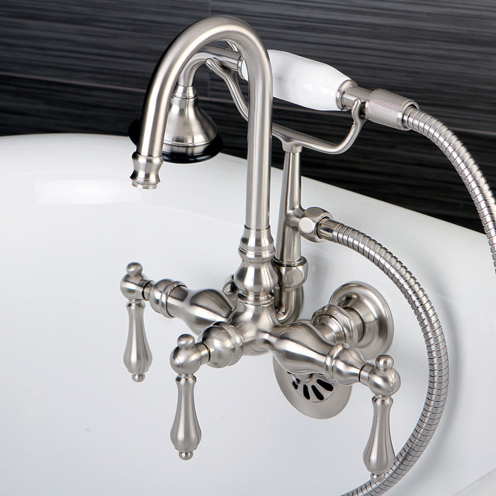 Kingston Heirloom AE7T8 - Aqua Vintage Three-Handle 2-Hole Tub Wall Mount Clawfoot Tub Faucet with Hand Shower, Brushed Nickel