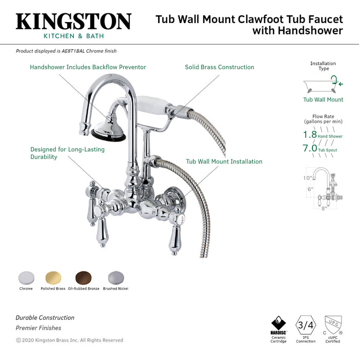 Kingston Heirloom AE7T8BAL - Heirloom Three-Handle 2-Hole Tub Wall Mount Clawfoot Tub Faucet with Hand Shower, Brushed Nickel