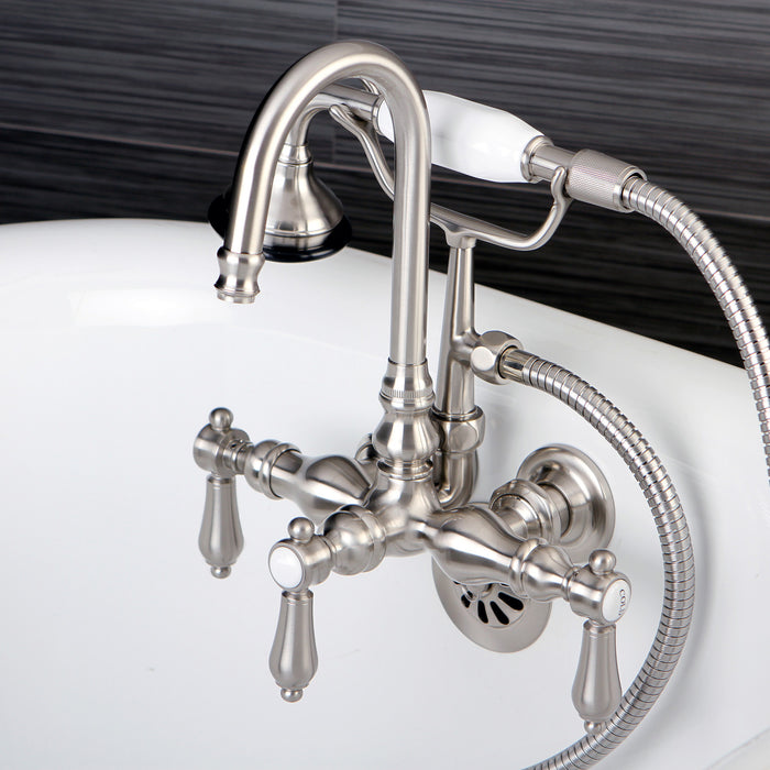 Kingston Heirloom AE7T8BAL - Heirloom Three-Handle 2-Hole Tub Wall Mount Clawfoot Tub Faucet with Hand Shower, Brushed Nickel