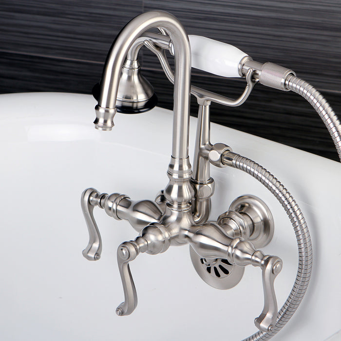 Kingston Tulare AE7T8FL - Royale Three-Handle 2-Hole Tub Wall Mount Clawfoot Tub Faucet with Hand Shower, Brushed Nickel