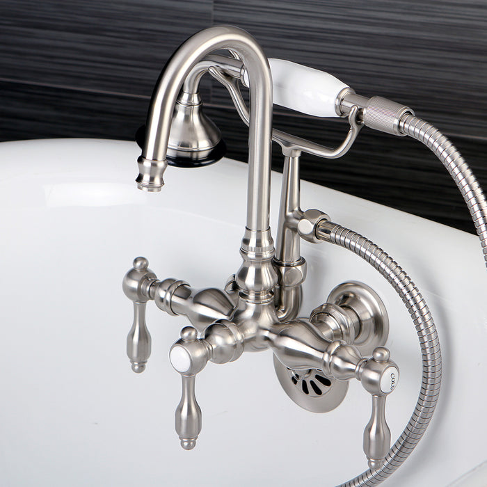 Kingston Heirloom AE7T8TAL - Tudor Three-Handle 2-Hole Tub Wall Mount Clawfoot Tub Faucet with Hand Shower, Brushed Nickel