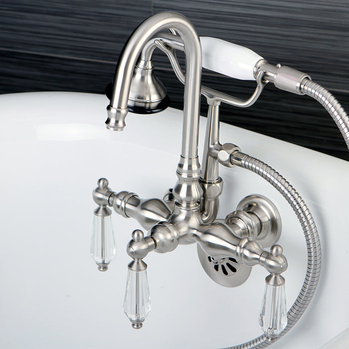 Kingston Heirloom AE7T8WLL - Wilshire Three-Handle 2-Hole Tub Wall Mount Clawfoot Tub Faucet with Hand Shower, Brushed Nickel