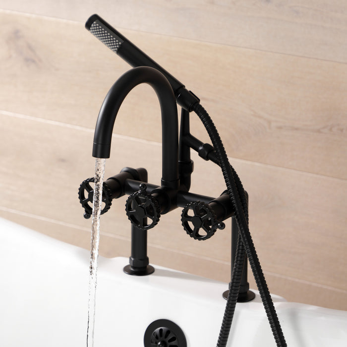 Kingston Sona AE8100CG - Fuller Three-Handle 2-Hole Deck-Mount Clawfoot Tub Faucet with Hand Shower, Matte Black