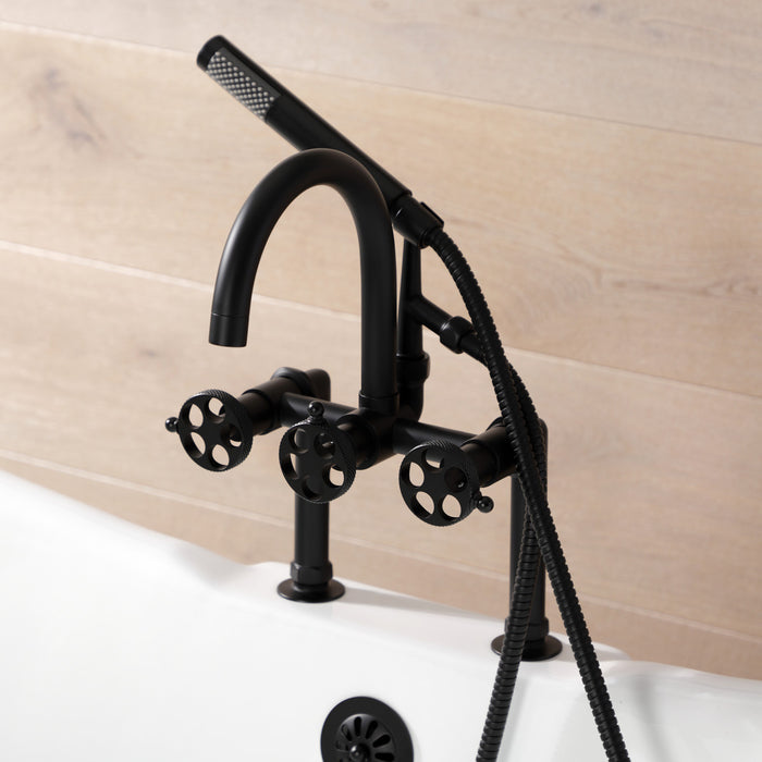 Kingston Sona AE8100RKX - Webb Three-Handle 2-Hole Deck-Mount Clawfoot Tub Faucet with Knurled Handle and Hand Shower, Matte Black