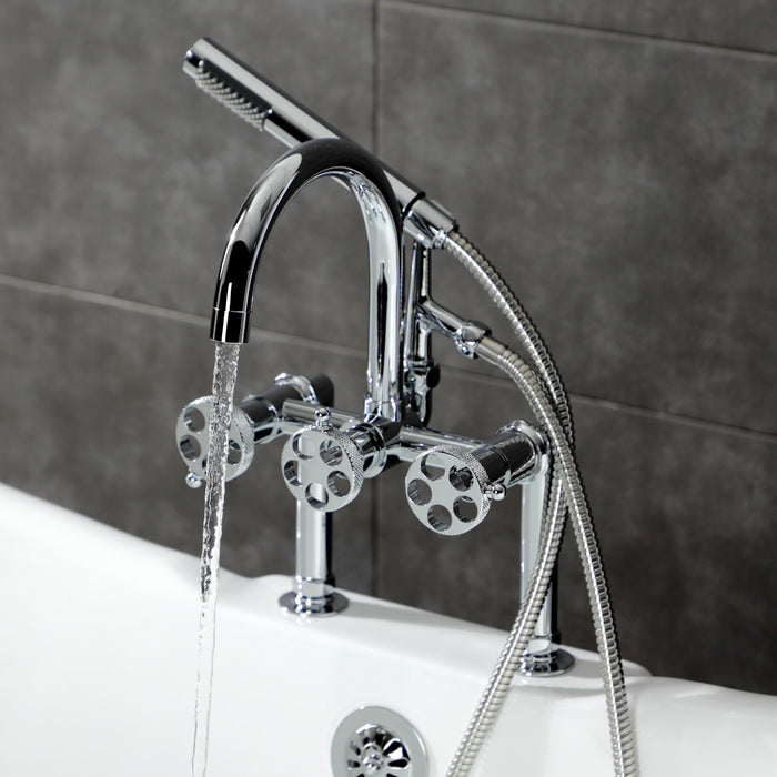 Kingston Sona AE8101RKX - Webb Three-Handle 2-Hole Deck-Mount Clawfoot Tub Faucet with Knurled Handle and Hand Shower, Polished Chrome