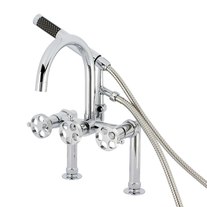 Kingston Sona AE8101RKX - Webb Three-Handle 2-Hole Deck-Mount Clawfoot Tub Faucet with Knurled Handle and Hand Shower, Polished Chrome