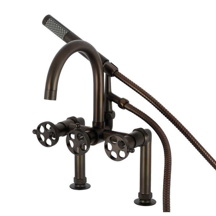 Kingston Sona AE8105RKX - Webb Three-Handle 2-Hole Deck-Mount Clawfoot Tub Faucet with Knurled Handle and Hand Shower, Oil Rubbed Bronze