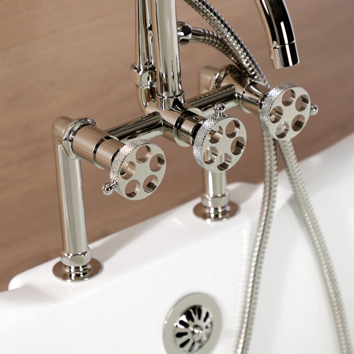 Kingston Sona AE8106RKX - Webb Three-Handle 2-Hole Deck-Mount Clawfoot Tub Faucet with Knurled Handle and Hand Shower, Polished Nickel