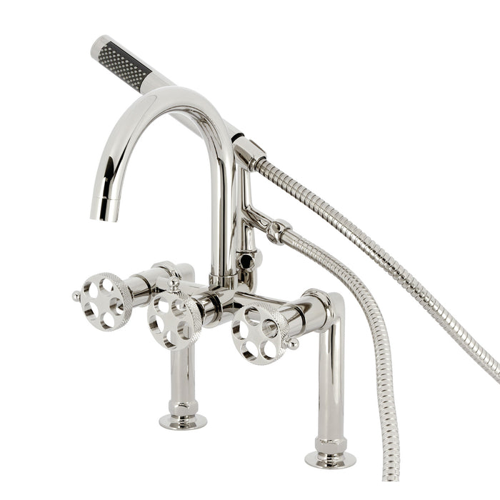 Kingston Sona AE8106RKX - Webb Three-Handle 2-Hole Deck-Mount Clawfoot Tub Faucet with Knurled Handle and Hand Shower, Polished Nickel