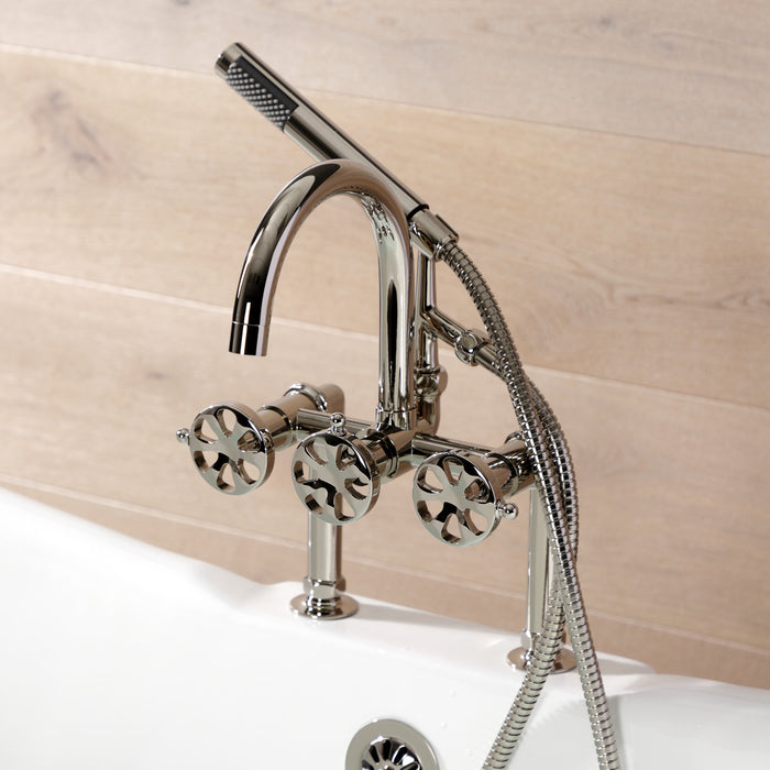 Kingston Sona AE8106RX - Belknap Three-Handle 2-Hole Deck-Mount Clawfoot Tub Faucet with Hand Shower, Polished Nickel