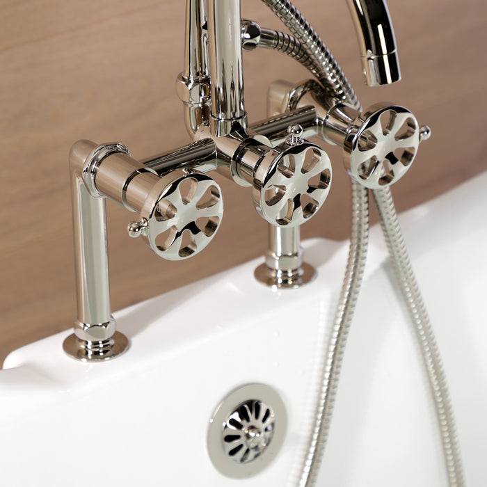 Kingston Sona AE8106RX - Belknap Three-Handle 2-Hole Deck-Mount Clawfoot Tub Faucet with Hand Shower, Polished Nickel