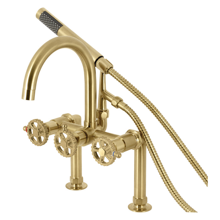 Kingston Sona AE8107CG - Fuller Three-Handle 2-Hole Deck-Mount Clawfoot Tub Faucet with Hand Shower, Brushed Brass