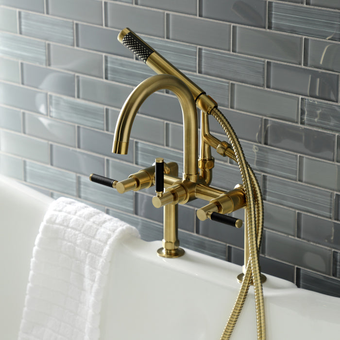 Kingston Sona AE8107DKL - Kaiser Three-Handle 2-Hole Deck-Mount Clawfoot Tub Faucet with Hand Shower, Brushed Brass