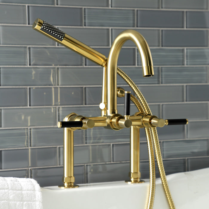 Kingston Sona AE8107DKL - Kaiser Three-Handle 2-Hole Deck-Mount Clawfoot Tub Faucet with Hand Shower, Brushed Brass