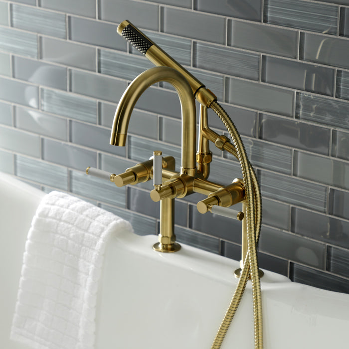 Kingston Sona AE8107DKL - Kaiser Three-Handle 2-Hole Deck-Mount Clawfoot Tub Faucet with Hand Shower, Brushed Brass