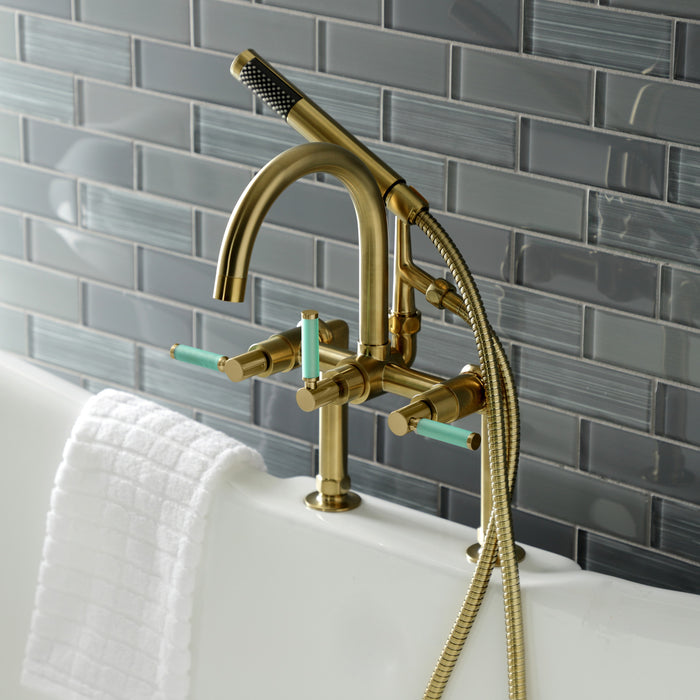 Kingston Sona AE8107DKL - Kaiser Three-Handle 2-Hole Deck-Mount Clawfoot Tub Faucet with Hand Shower, Brushed Brass