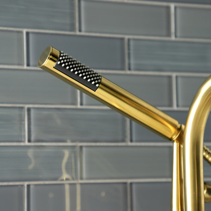 Kingston Sona AE8107DKL - Kaiser Three-Handle 2-Hole Deck-Mount Clawfoot Tub Faucet with Hand Shower, Brushed Brass