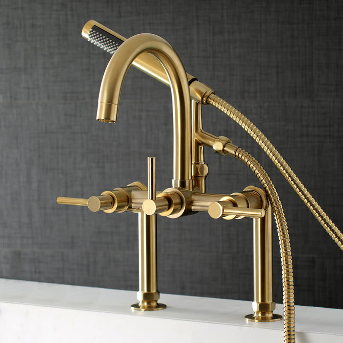 Kingston Sona AE8107DL - Concord Three-Handle 2-Hole Deck-Mount Clawfoot Tub Faucet with Hand Shower, Brushed Brass
