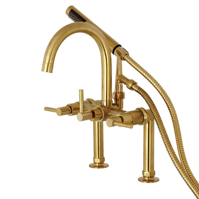 Kingston Sona AE8107DL - Concord Three-Handle 2-Hole Deck-Mount Clawfoot Tub Faucet with Hand Shower, Brushed Brass