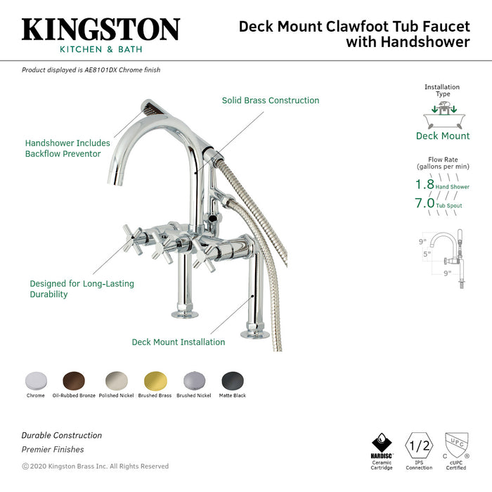 Kingston Sona AE8107DX - Concord Three-Handle 2-Hole Deck-Mount Clawfoot Tub Faucet with Hand Shower, Brushed Brass