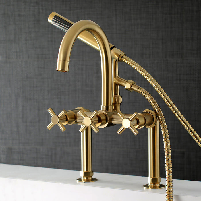 Kingston Sona AE8107DX - Concord Three-Handle 2-Hole Deck-Mount Clawfoot Tub Faucet with Hand Shower, Brushed Brass