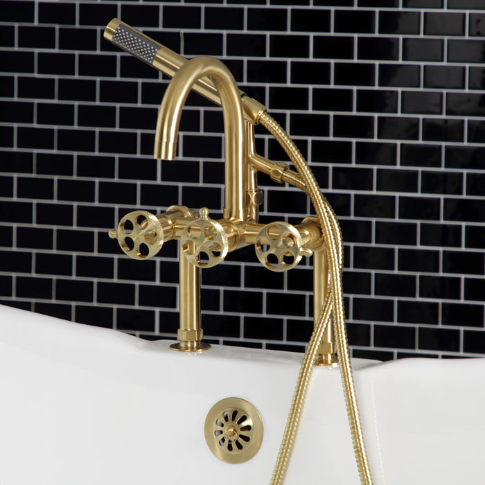 Kingston Sona AE8107RKX - Webb Three-Handle 2-Hole Deck-Mount Clawfoot Tub Faucet with Knurled Handle and Hand Shower, Brushed Brass