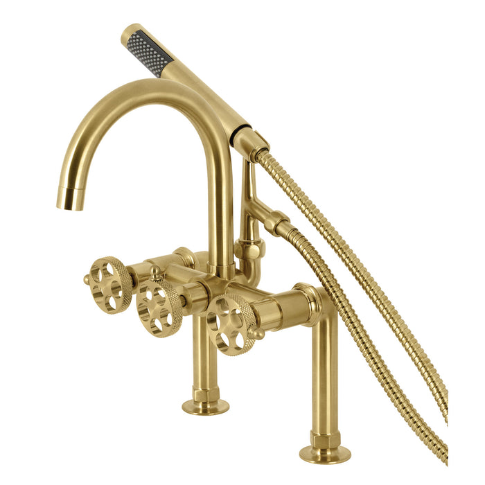 Kingston Sona AE8107RKX - Webb Three-Handle 2-Hole Deck-Mount Clawfoot Tub Faucet with Knurled Handle and Hand Shower, Brushed Brass