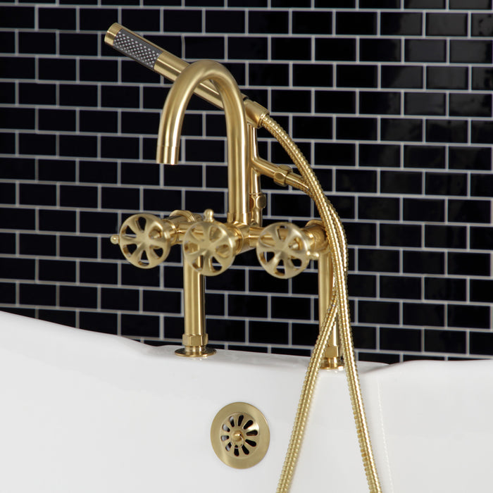Kingston Sona AE8107RX - Belknap Three-Handle 2-Hole Deck-Mount Clawfoot Tub Faucet with Hand Shower, Brushed Brass