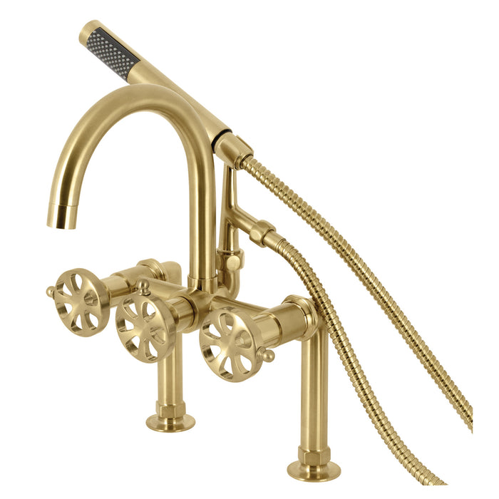 Kingston Sona AE8107RX - Belknap Three-Handle 2-Hole Deck-Mount Clawfoot Tub Faucet with Hand Shower, Brushed Brass
