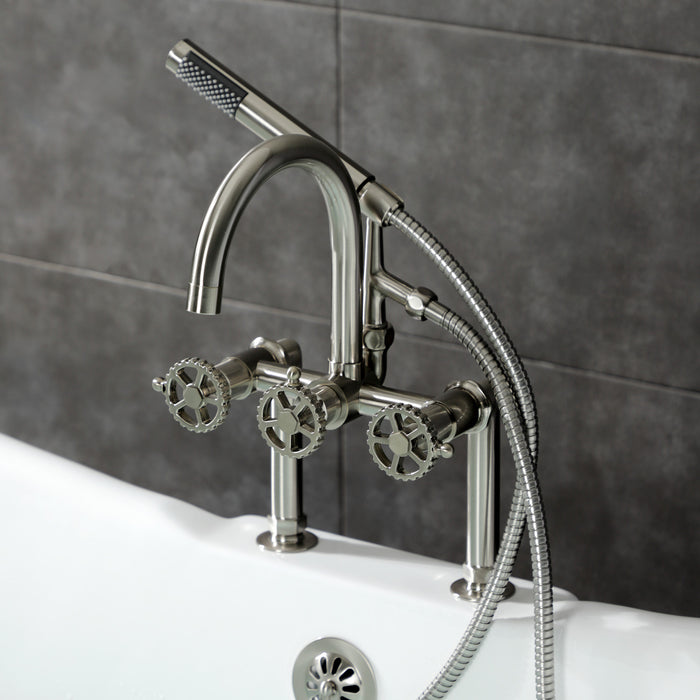 Kingston Sona AE8108CG - Fuller Three-Handle 2-Hole Deck-Mount Clawfoot Tub Faucet with Hand Shower, Brushed Nickel