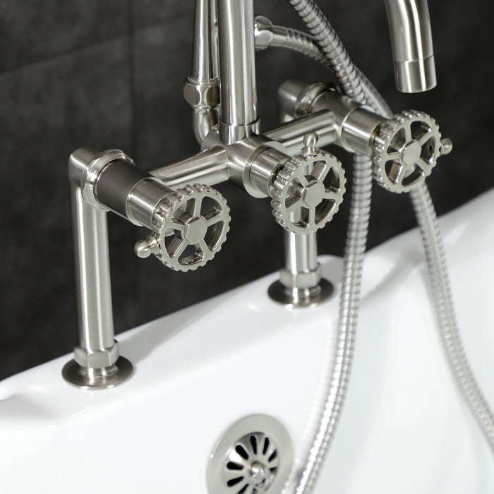 Kingston Sona AE8108CG - Fuller Three-Handle 2-Hole Deck-Mount Clawfoot Tub Faucet with Hand Shower, Brushed Nickel