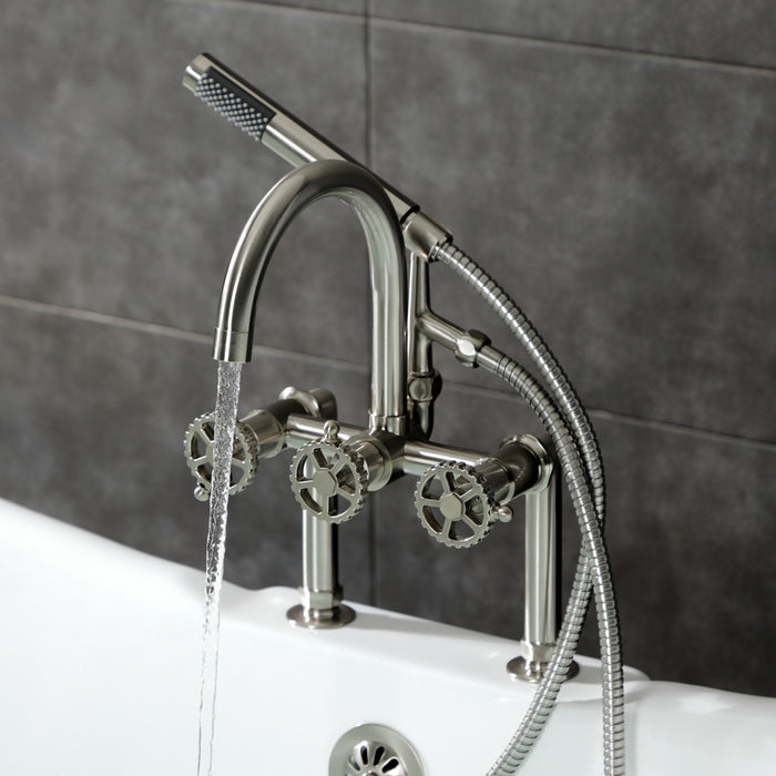 Kingston Sona AE8108CG - Fuller Three-Handle 2-Hole Deck-Mount Clawfoot Tub Faucet with Hand Shower, Brushed Nickel