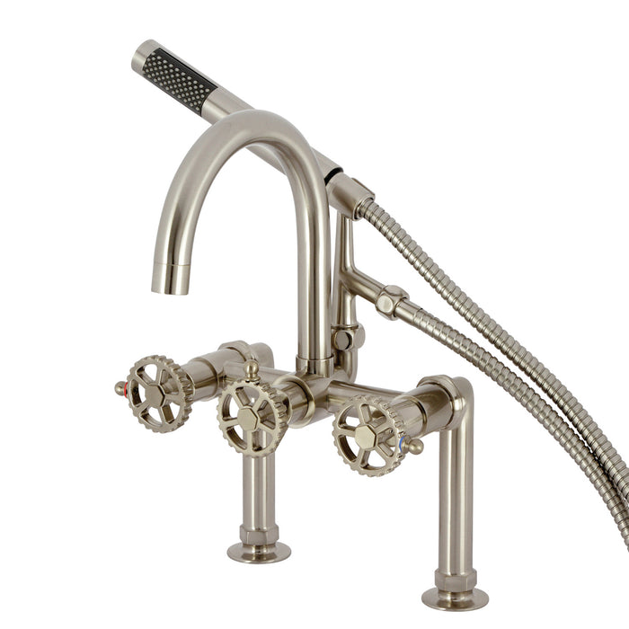 Kingston Sona AE8108CG - Fuller Three-Handle 2-Hole Deck-Mount Clawfoot Tub Faucet with Hand Shower, Brushed Nickel