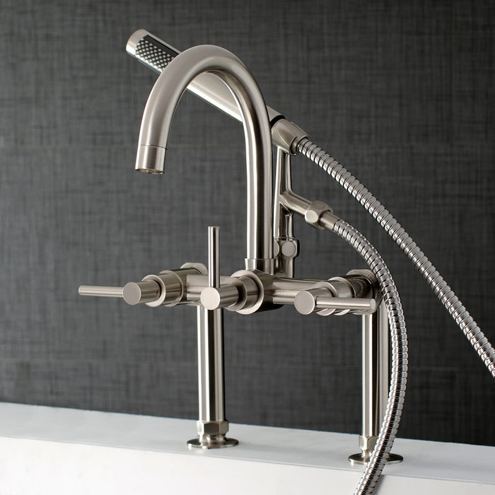 Kingston Sona AE8108DL - Concord Three-Handle 2-Hole Deck-Mount Clawfoot Tub Faucet with Hand Shower, Brushed Nickel