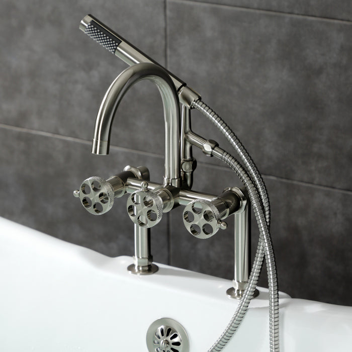 Kingston Sona AE8108RKX - Webb Three-Handle 2-Hole Deck-Mount Clawfoot Tub Faucet with Knurled Handle and Hand Shower, Brushed Nickel