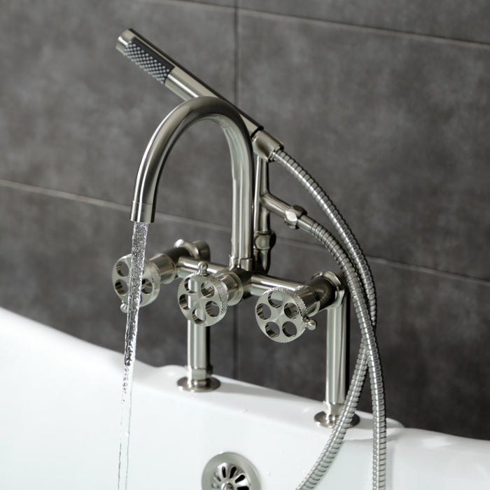 Kingston Sona AE8108RKX - Webb Three-Handle 2-Hole Deck-Mount Clawfoot Tub Faucet with Knurled Handle and Hand Shower, Brushed Nickel