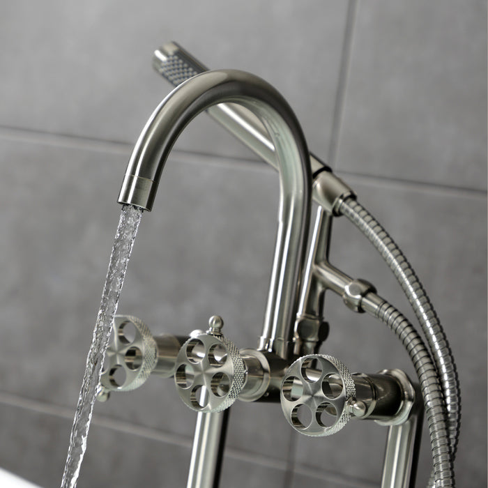 Kingston Sona AE8108RKX - Webb Three-Handle 2-Hole Deck-Mount Clawfoot Tub Faucet with Knurled Handle and Hand Shower, Brushed Nickel