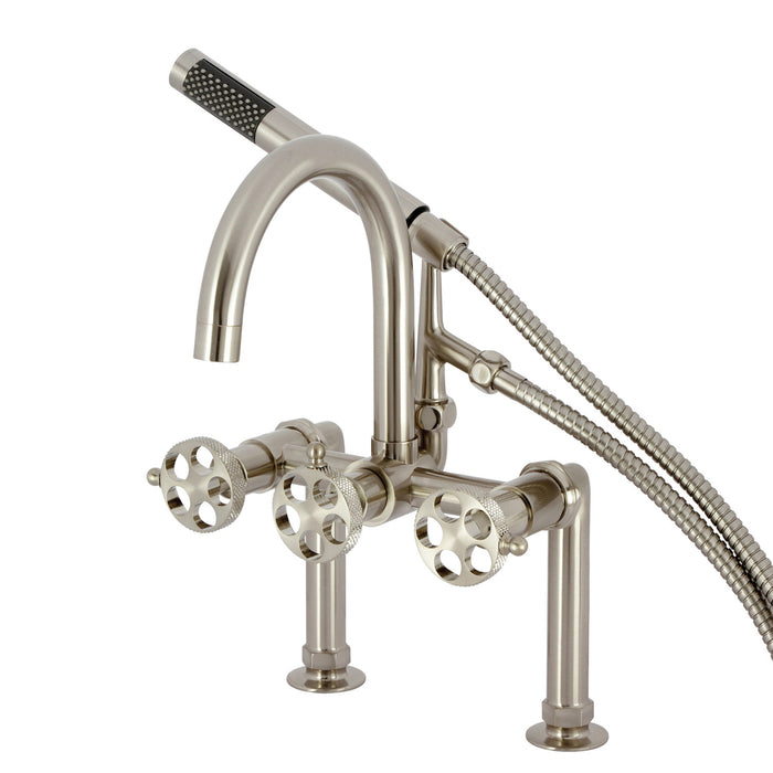Kingston Sona AE8108RKX - Webb Three-Handle 2-Hole Deck-Mount Clawfoot Tub Faucet with Knurled Handle and Hand Shower, Brushed Nickel